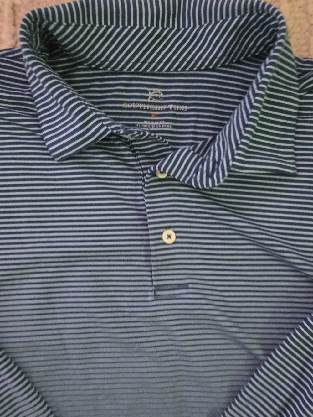 Southern Tide Men’s Navy and Blue Striped Long Sleeve Golf Polo, XL